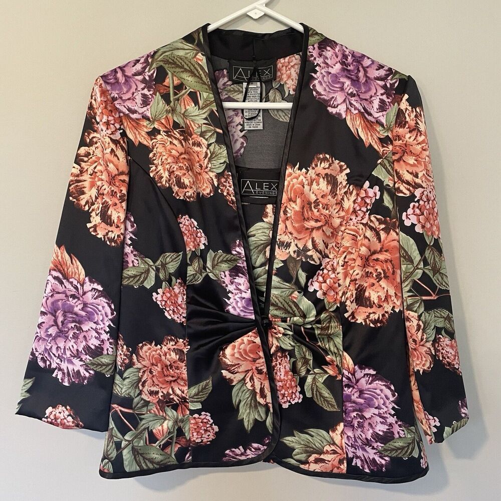 Alex Evenings Satin Floral 2 Piece Jacket Blazer Tank Set Black Pink Sz S Kimono
